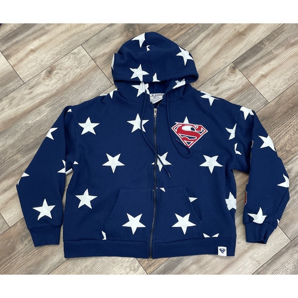 blue, white, and red full-zip Superman hoodie‎ with stars and the number 1938